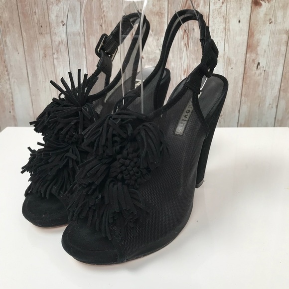 Reed Evins sz 6 black suede fringe Pom Pom heels - Picture 2 of 9